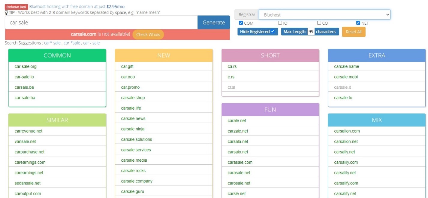 NameMesh car sale domain name search