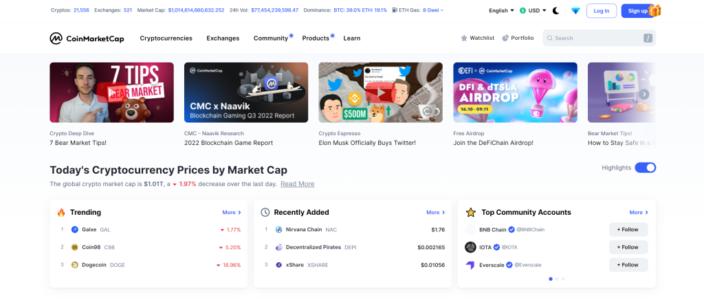 CoinMarketCap landing page