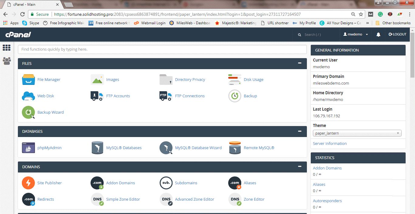 cPanel dashboard