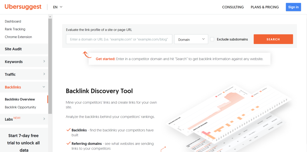 UberSuggest Backlink Analyzer landing page